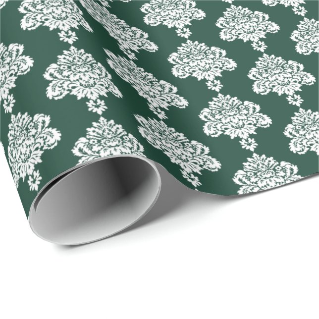 Verde Cazador | Papel de ajuste de Damasco blanco (Esquina del rollo)