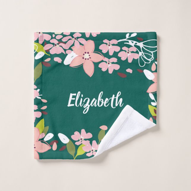 Verde con flores rosas personalizadas (Toallita)
