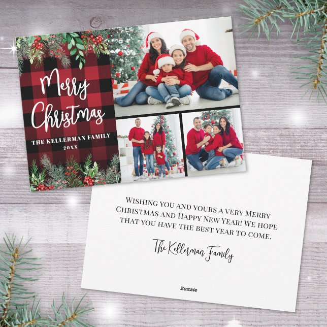 Verde Cuadro Rojo Foto Navidad (Greenery Red Plaid Photo Merry Christmas Holiday Card)