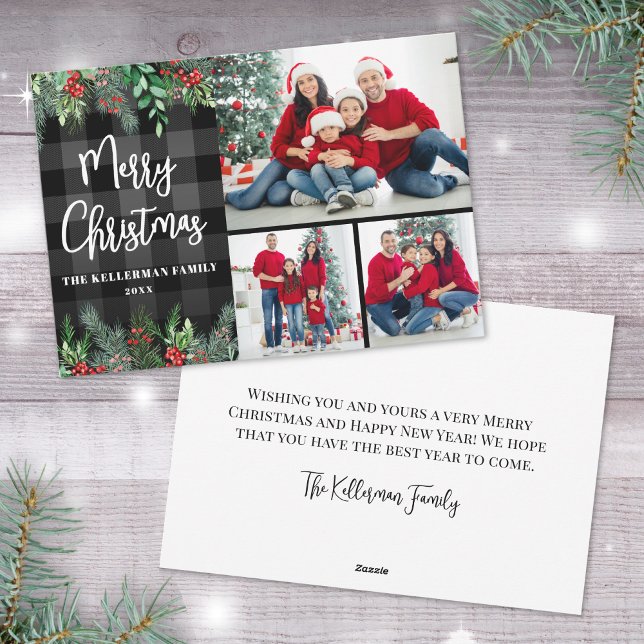 Verde Cuadros Foto Navidad (Greenery Plaid Photo Collage Merry Christmas Holiday Card)