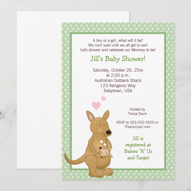 Verde de invitación a Baby Shower neutral canguro (Anverso / Reverso)