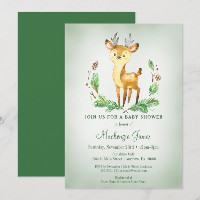 Verde de la invitación a Baby Shower de Deer Woodl (Anverso / Reverso)