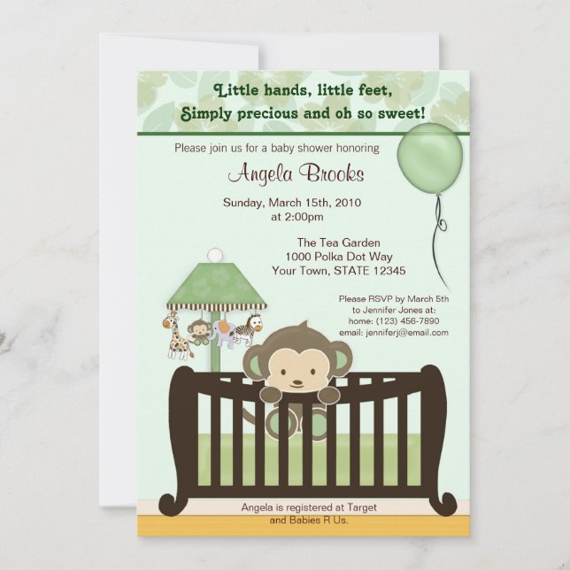 VERDE de la invitación CJ de Baby Shower del mono (Anverso)
