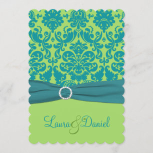 Verde e invitación de la boda del damasco de la
