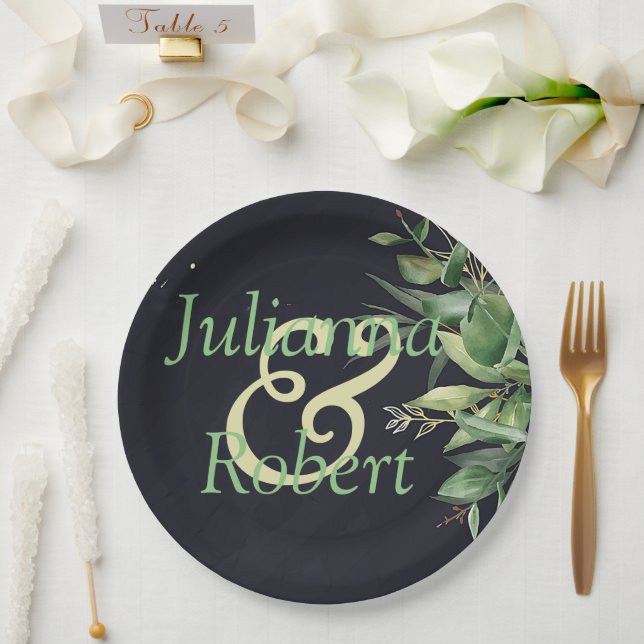 Verde elegante en platos de papel negro (Boda)
