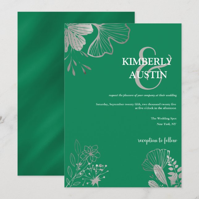 Verde esmeralda | Invitación a la boda floral de p (Anverso / Reverso)