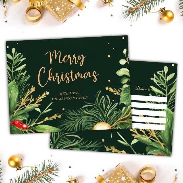 Verde Feliz Navidad Elegante verde moderno (Green Merry Christmas Elegant Modern Greenery Holiday Postcard)