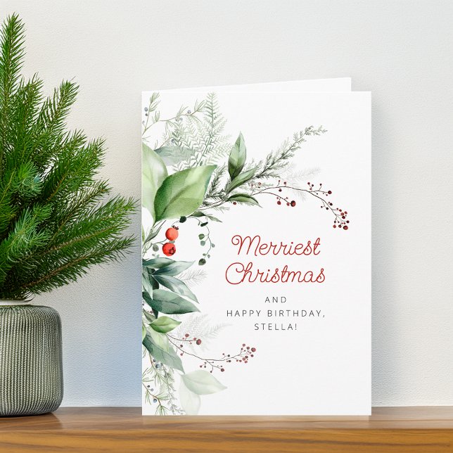 Verde festivo Feliz Navidad Feliz Cumpleaños (Festive Greenery Merry Christmas Happy Birthday Holiday Card)