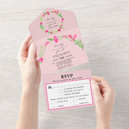 Verde Floral Rosa Claro Chic Tarjeta de RSVP de Bo