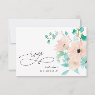Verde menta y floral rosa en blanco con RSVP de co