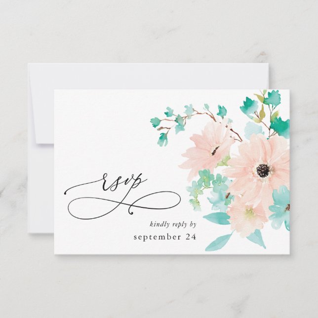 Verde menta y floral rosa en blanco con RSVP de co (Anverso)