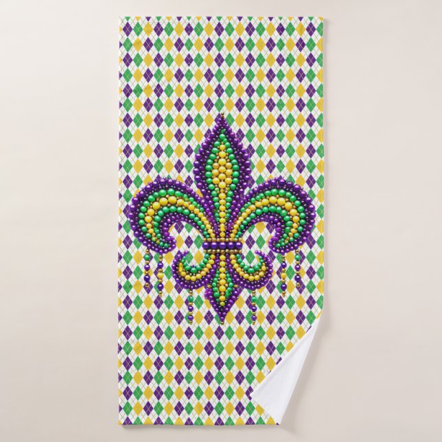 Verde morado Mardi Gras fleur de lis (Toalla de baño)