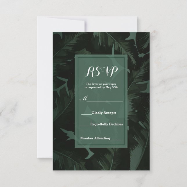 Verde & Negro Chic Hojas Tropicales Responder RSVP (Anverso)