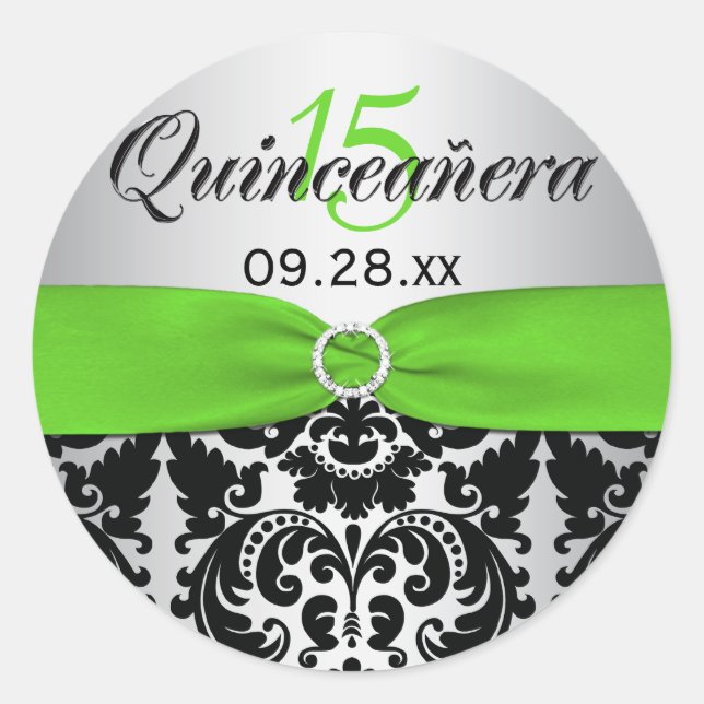 Verde, plateado, negro Damask Quinceanera Pegatina (Anverso)