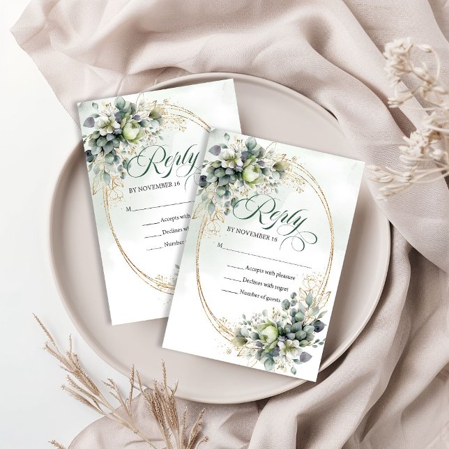 Verde Polvoriento Verde Botánico Boda Respuesta   (Dusty Green Botanical Green Gold Wedding Reply RSVP Card)