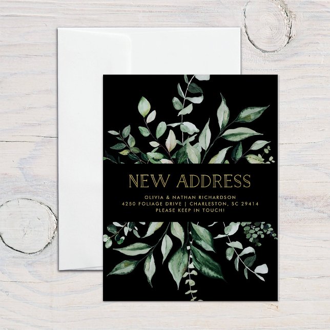 Verde salvaje negro | Invitación móvil (An elegant moving announcement with watercolor greenery on black)