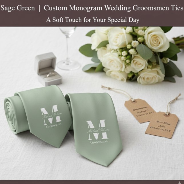 Verde Salvia | Corbata de Groomsmen de Boda con Mo (Sage Green | Custom Monogram Wedding Groomsmen Neck Tie)
