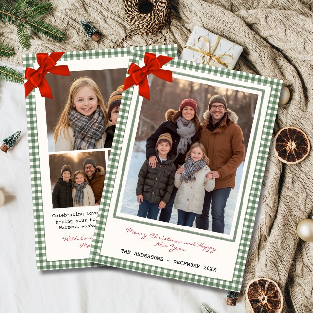 Verde Salvia Cuadros de Gingham Multi Foto Navidad (Family photo Christmas holiday card with gingham plaid background and red corner bow)