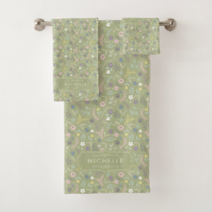 Verde Salvia Flores Blancas Rosadas Patrón Floral