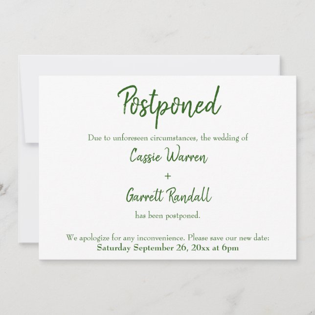 Verde sobre la Invitación Boda blanca pospuesta (Anverso)