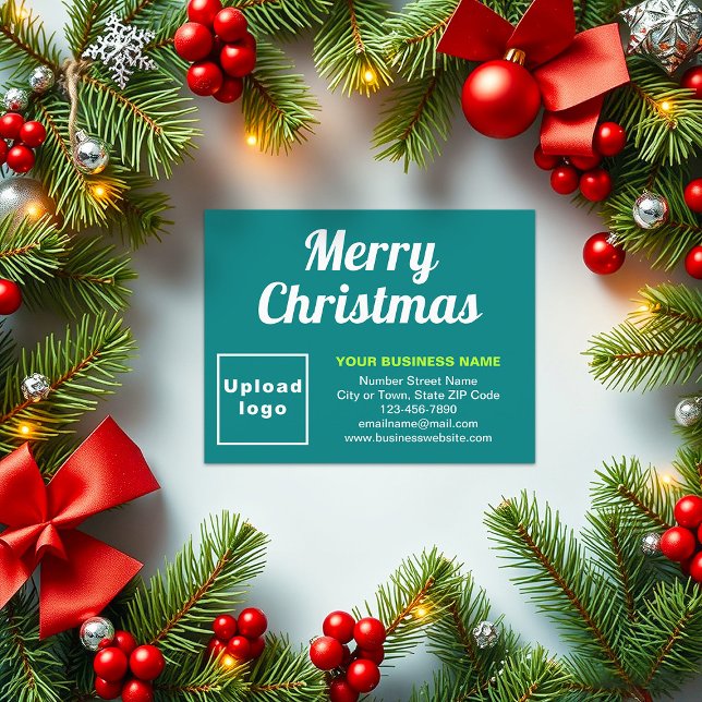 Verde verde azulado | Navidad | Negocios | Pequeño (Business brand on teal green flat holiday card for Christmas)