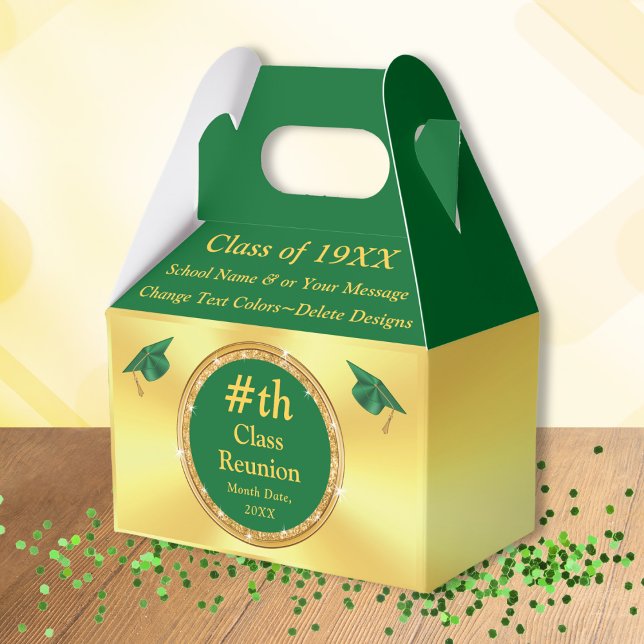 Verde y oro, favoritos de reunión de clase, cajas (Class Reunion Candy Bags. Green and Gold, Class Reunion Candy Favors, box. High School Reunion.  )