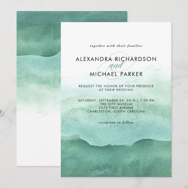 Verdes acuarelas | Invitación a la boda (Anverso / Reverso)