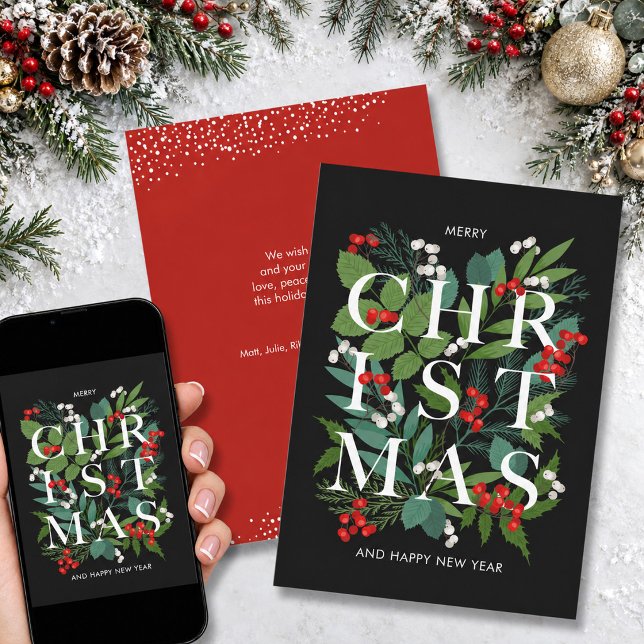 Verdes y Bayas de Navidad (Christmas greenery and berries flat holiday greeting cards, PRINTED and/or INSTANT DOWNLOAD)