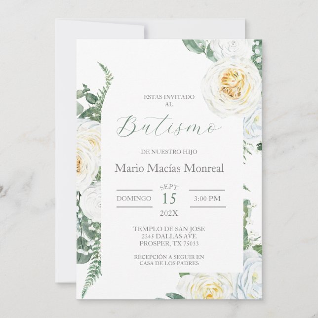 Verdor blanco Bautismo floral Invitación española (Anverso)