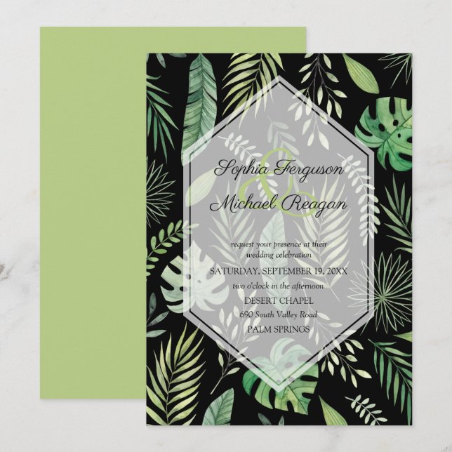 Verdor botánico sobre invitaciones a la boda negra (Anverso / Reverso)