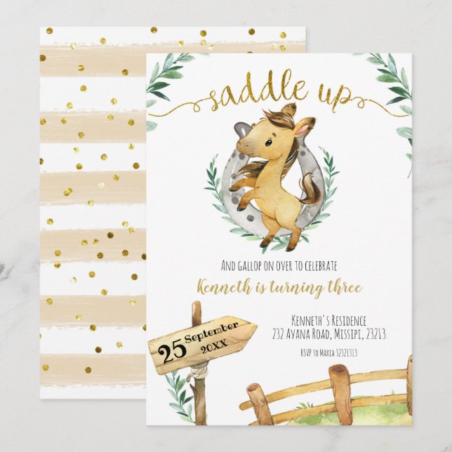 Verdor Horse Saddle Up Invitación de cumpleaños (Anverso / Reverso)
