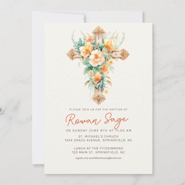 Verdor Invitación al bautismo cruzado botánico (Anverso)