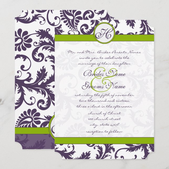 Verdor Lapis Morple Damask Invitación a la boda (Anverso / Reverso)