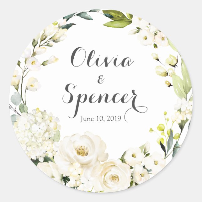 Verdor Rosas Blancas Pegatinas De Boda Floral (Anverso)