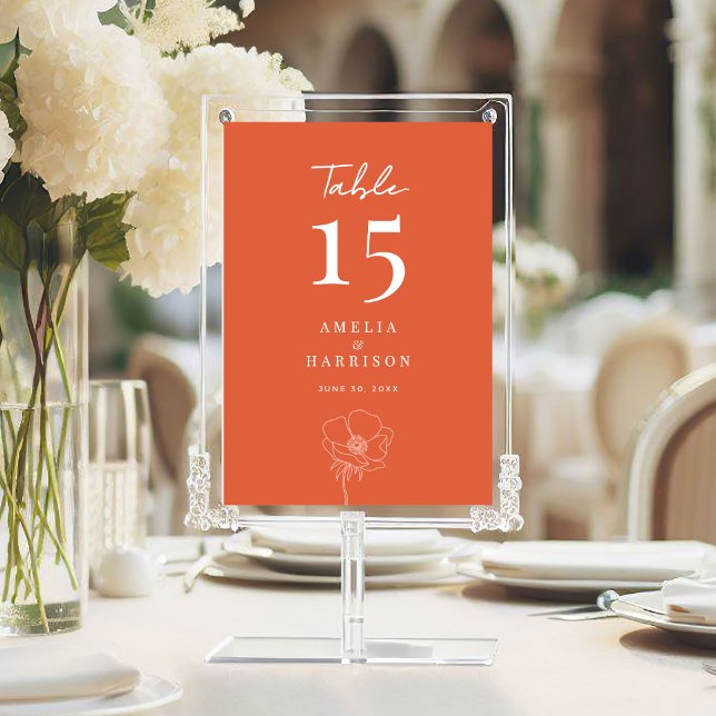 Verona Sunset Boda Floral 5x7 Número de tabla (Verona Sunset Floral Wedding 5x7 Table Number with Couple Names, Wedding Date, Line Art Floral.)