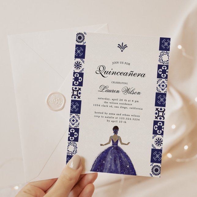 Vestido azul Tiles artísticos Invitación Quinceañe (Subido por el creador)