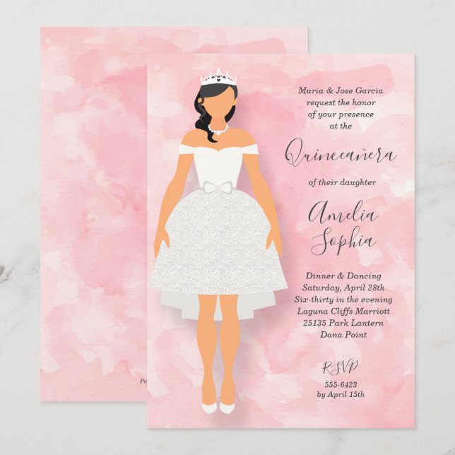 Vestido blanco sobre invitaciones de quinceañera r (Anverso / Reverso)