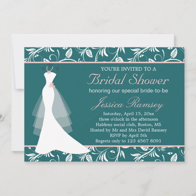 Vestido de boda blanco, invitación nupcial verde (Anverso)