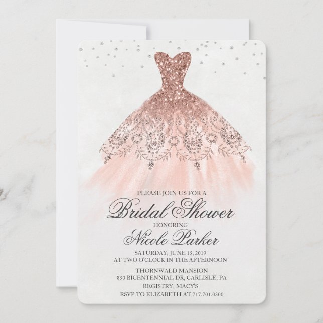 Vestido de brillo para ducha de novia Invitación d (Anverso)
