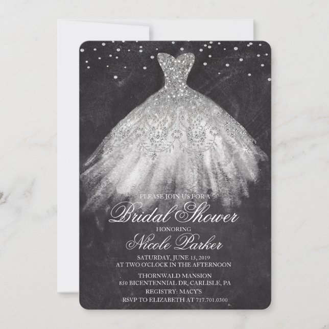 Vestido de brillo para ducha de novia Invitación d (Anverso)