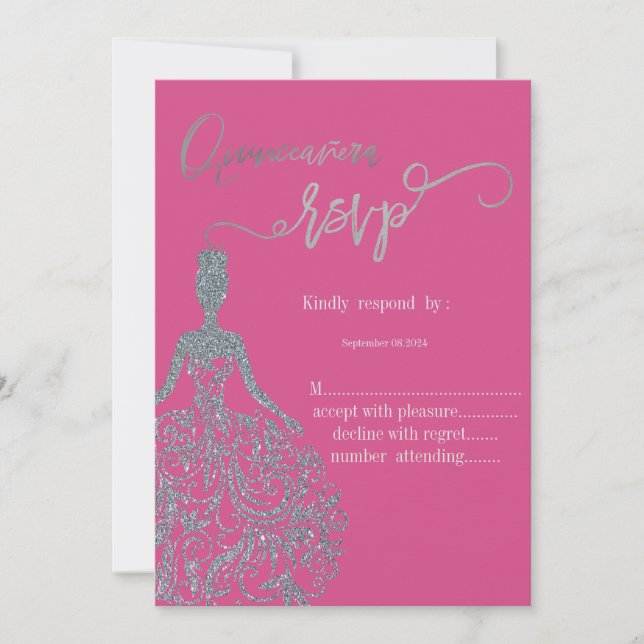 Vestido de brillo plateado Invitación RSVP Fucsia (Anverso)