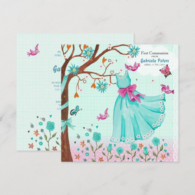 Vestido de Primera Comunión | Invitaciones Niña (Anverso / Reverso)