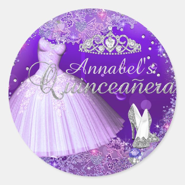 Vestido morado y Pegatina de Quinceanera de Tiara (Anverso)