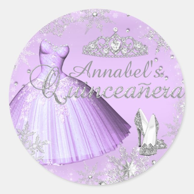 Vestido morado y Pegatina de Quinceanera de Tiara (Anverso)
