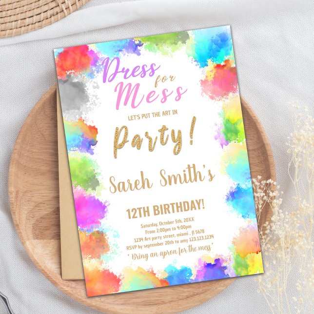 Vestido para las invitaciones de cumpleaños de Mes (Dress for Mess Paint Birthday Invitations)