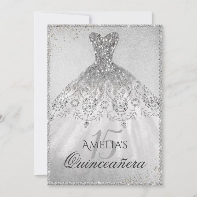 Vestido plateado Sparkle Invitación Quinceanera (Anverso)