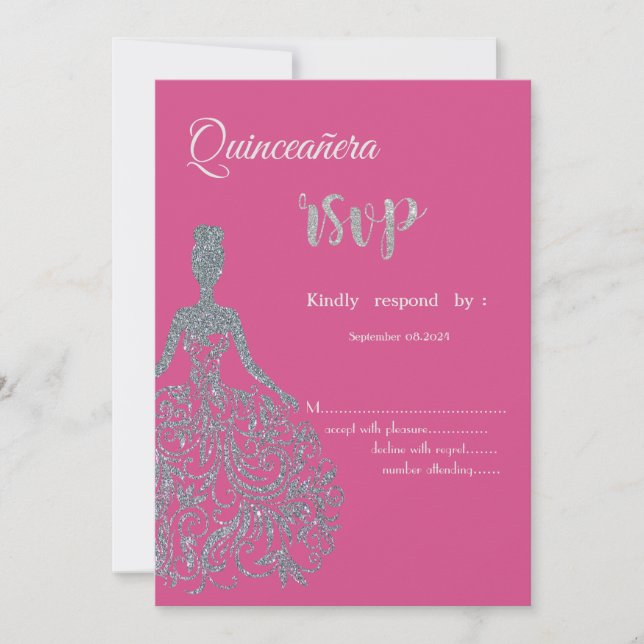 Vestido purpurina Fuschia Quinceanera Invitación R (Anverso)