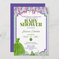 Vestido verde morado e invitación rosa a Baby Show