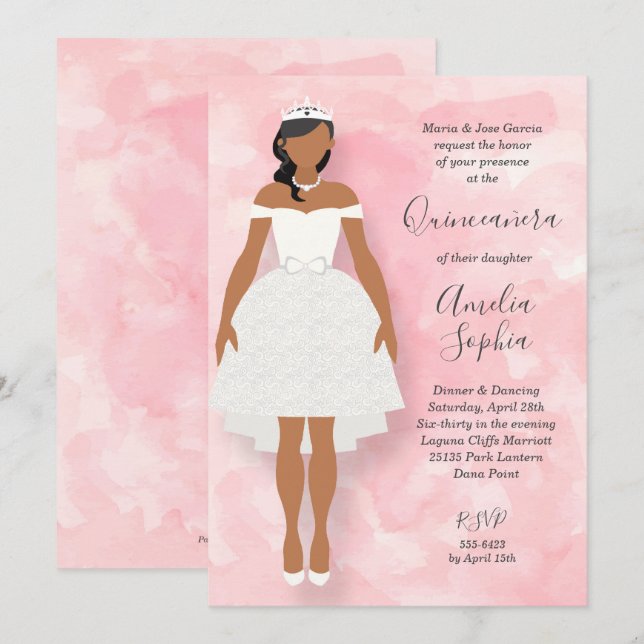 Vestidos blancos y invitaciones de quinceañera ros (Anverso / Reverso)