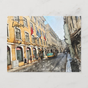 Viajando en el tranvía de Lisboa con tarjeta posta